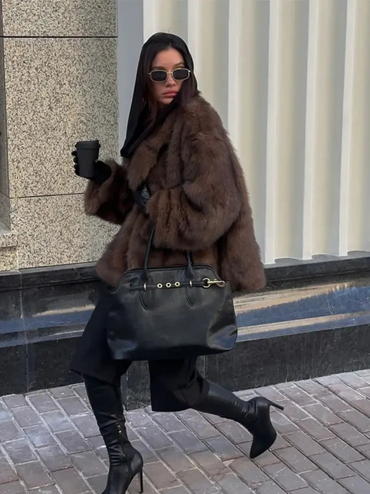 Fashion Deep Brown Faux Fur Solid Lapel Warm Jacket Chic Long Sleeve Cropped Street Coat Winter Female Thick Outerwear 241211