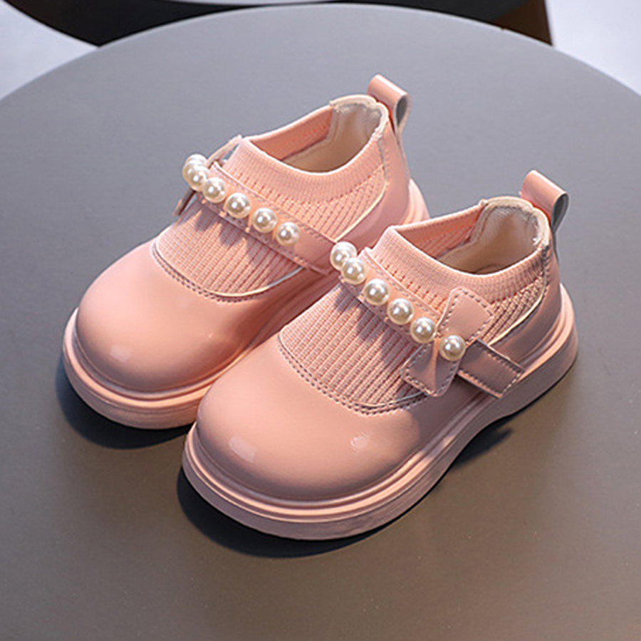Children's Girl Baby Leather Shoes Pearl Beaded Fashion Princess Round Toe Heightening Happysteps Casual Comfortable Student Shoes Sizes 21-30