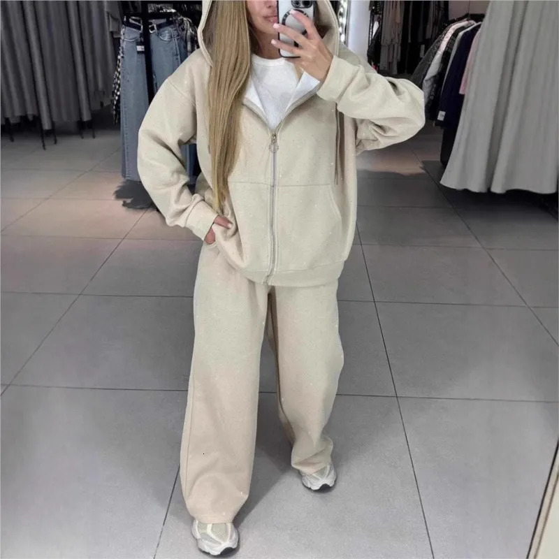Fall Winter Rhinestone Diamonds Hooded Sweatshirt Two Piece Set Women Tracksuits Coat Drawstring Pants Retro Loose Sport Suit 241209