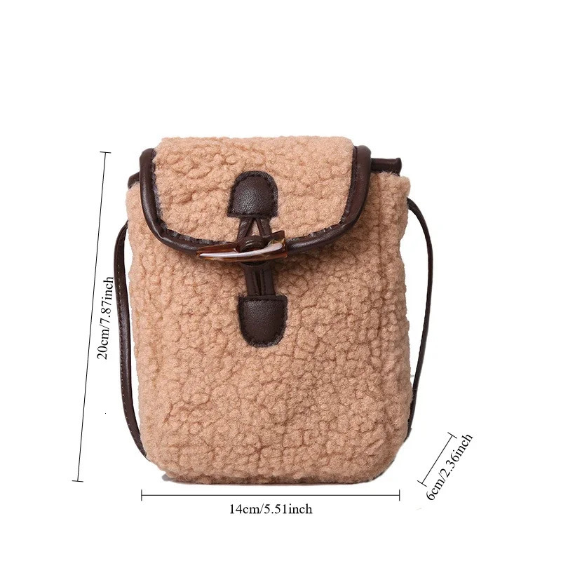 Lambswool Mobile Phone Bag Womens Artificial Fur Leather Bag Gentle and Cute Cross shaped Teenage Women Portable Speaker Button Plush Square Comfortab