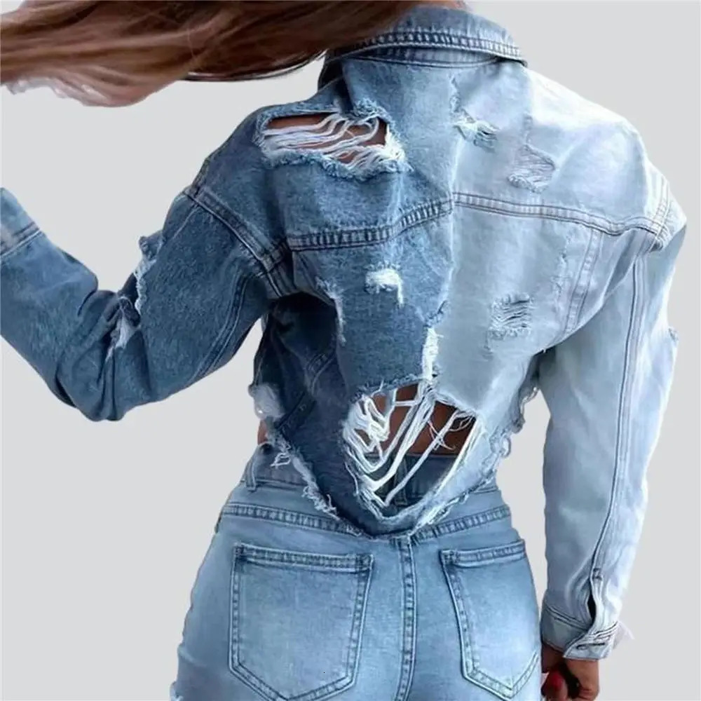 Womens denim crop jacket fashionable retro hole long sleeved pocket womens casual shorts 241211
