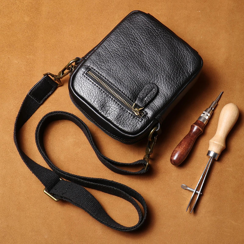 LUOKIR Mens Leather Small Shoulder Bag Casual Fashion Crossbody Lightweight Simple Cell Phone Messenger Bag Cowhide Sling Bag 241213