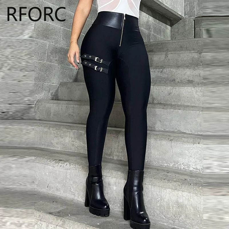 2023 Womens Chic Pu Leather Patchwork High Waist Zipper Bandage Skinny Black Pencil Pants 241212