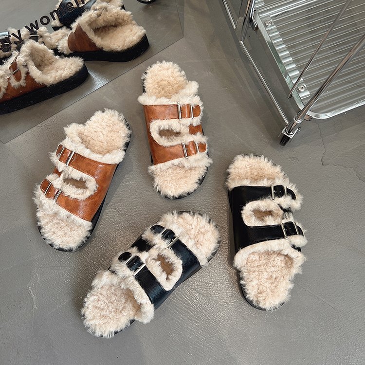 2025 Free Shipping Warm Thicken Wool Slippers Women Winter Fur Flat Shoes Woman Thick Slides white Classics Sandals