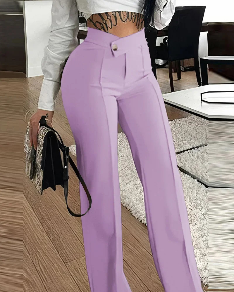 Womens pants wide leg zipper fly slim fit flat office womens pockets high waist autumn 2023 ankle length solid color 241212