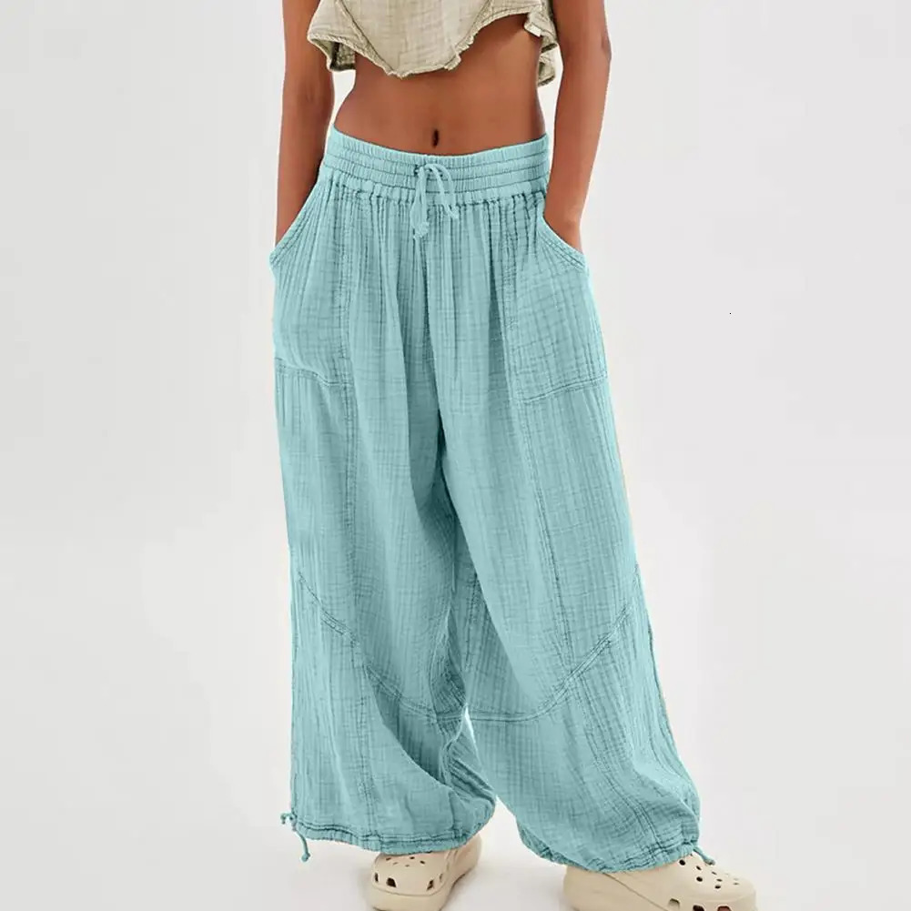 Womens harem pants summer casual retro cotton linen elastic waist wide leg fashionable loose pocket womens Trousers S5XL 241212