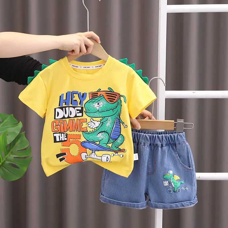 Clothing Sets Summer Children Cotton Clothes Kids Boys Printe Cartoon O-Neck Dinosaur T Shirt Shorts 2Pcs/Set Kids Fashion Toddler 0-5 Years H241214