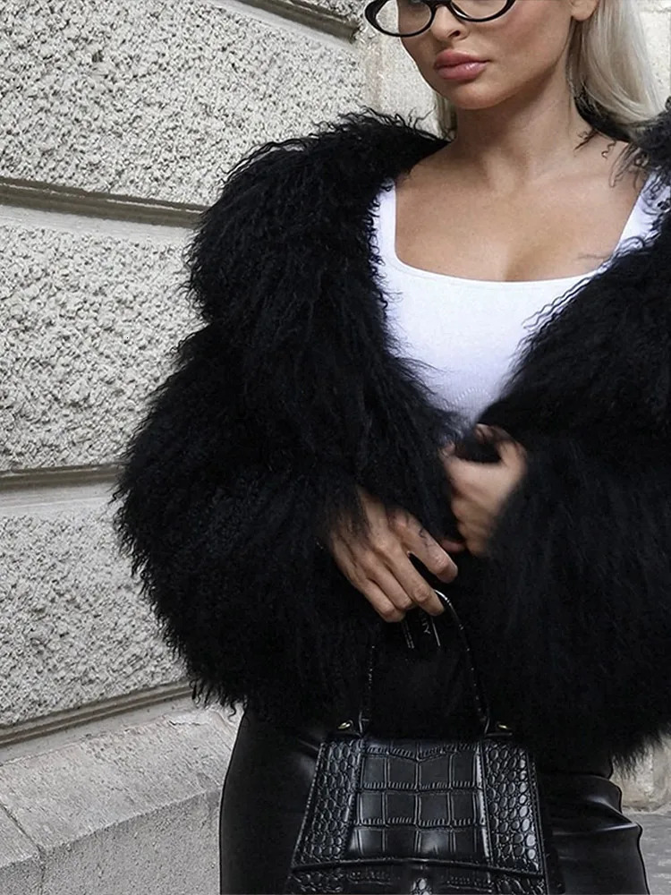 Winter Furry Faux Fur Coat Women Black y Round Neck Full Sleeves Plush Lady Thick Warm Chic High Streetwear 241211