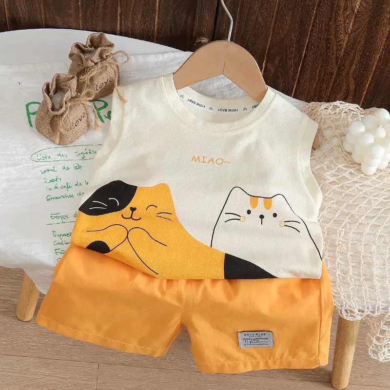 Clothing Sets Summer Kids Clothes Suit Children Boys Cartoon Cat Vest T Shirt Shorts 2Pcs/sets Toddler Fashion Clothing Infant Tracksuits H241214