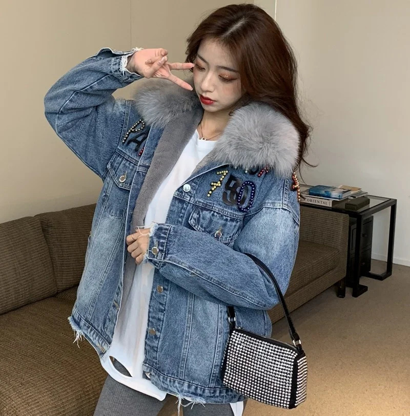 Warm winter wool lining faux fur collar denim jacket for women loose fit Jean Coats graphic diamond print casual jacket top 241210