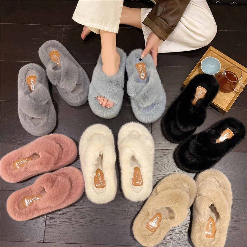 Chunky Platform Fur Slippers Women Autumn Thick Bottom Furry Outdoor Woman Short Plush ner Shoes 241214