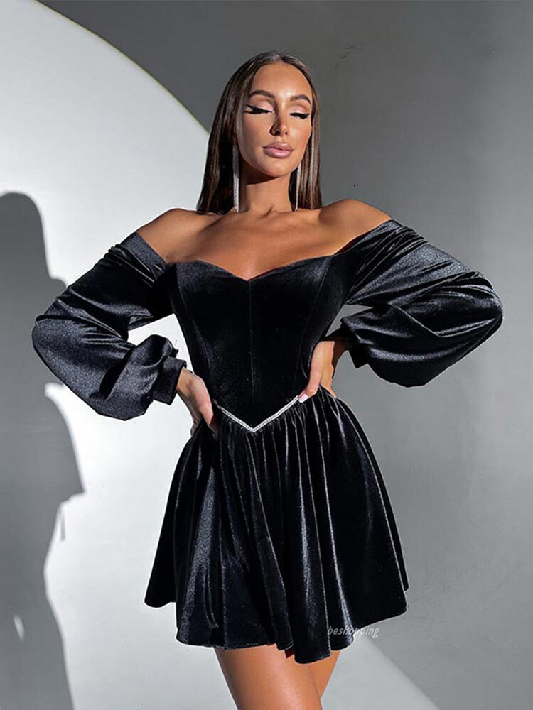 Elegant Veet Dress Women Off Shoulder Sexy Long Sleeves Mini Dresses Female Fashion Solid Bandage Party Robe