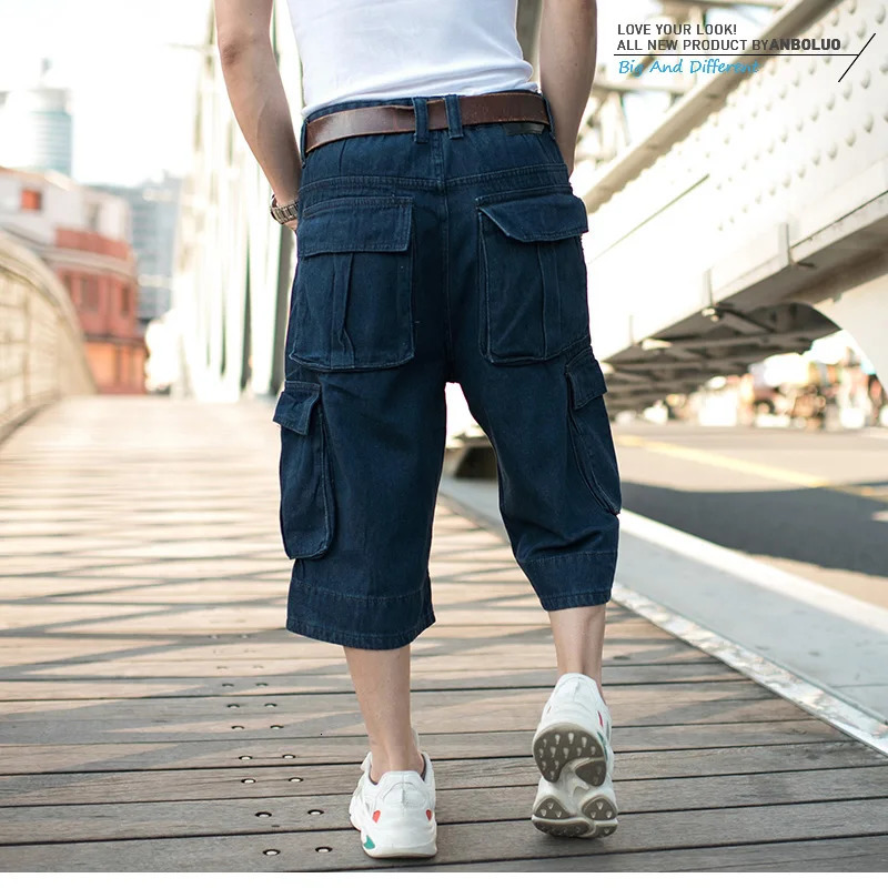 Plus Size Mens Denim Shorts HipHop Wideleg Jeans MultiPocket Cropped Pants Cargo Men 241211