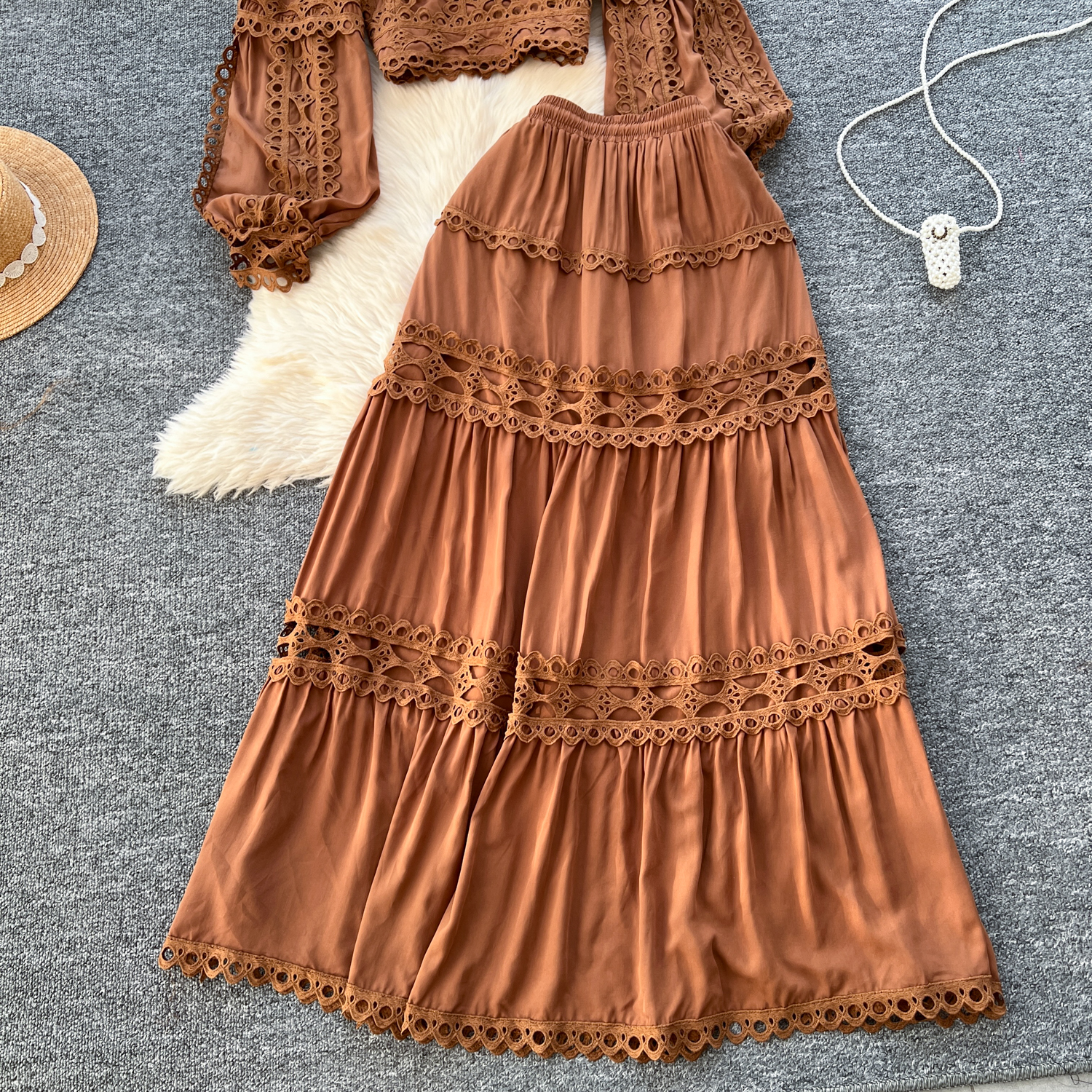 Two Piece Dress 2025 Spring Holiday Hollow Out Embroidery 2 Piece Sets Women Lantern Sleeve Short Loose Shirt Top A-Line Pleated Skirts Suit