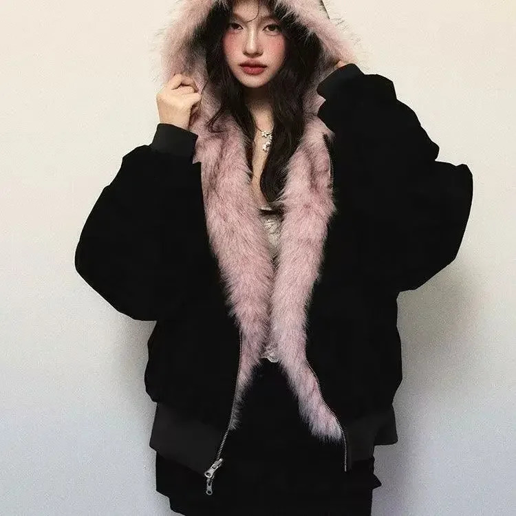 Retro style reversible jacket womens winter high-end spliced black long sleeved top Harajuku Y2K warm fur collar hooded sweatshirt 241210