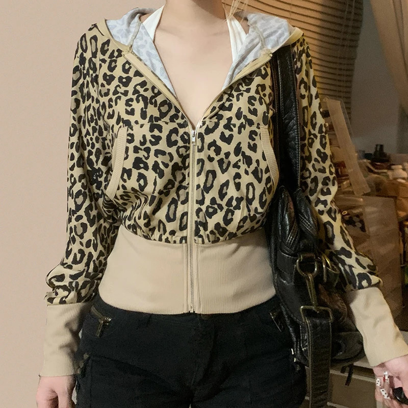 IAMTY leopard print hooded sweatshirt for women contrasting color patch work zipper hooded sweatshirt retro cardigan autumn thin coat Y2K 241214