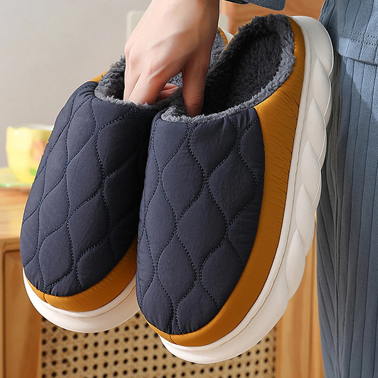 Comwarm Fluffy Winter Men Shoes Platform Fur Slippers House Flat Cotton Women Indoor Fuzzy Plush 241214