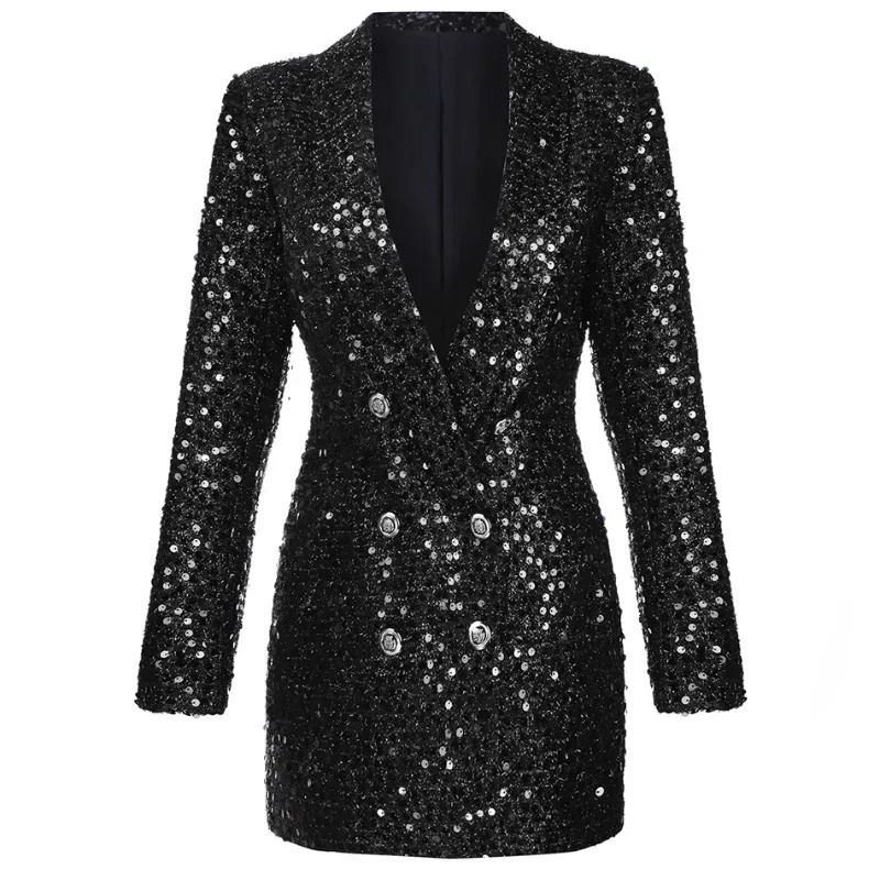 Formal Winter ner Blazer Coat Women Double Lion Buttons Shawl Collar Glitter Sequined Long Runway Black Jacket Blazers 241209