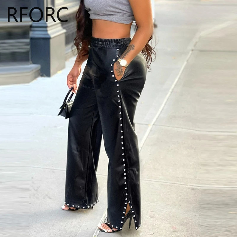Womens fashionable Pu leather elastic waist rivet side decoration small silk straight leg pants 241212