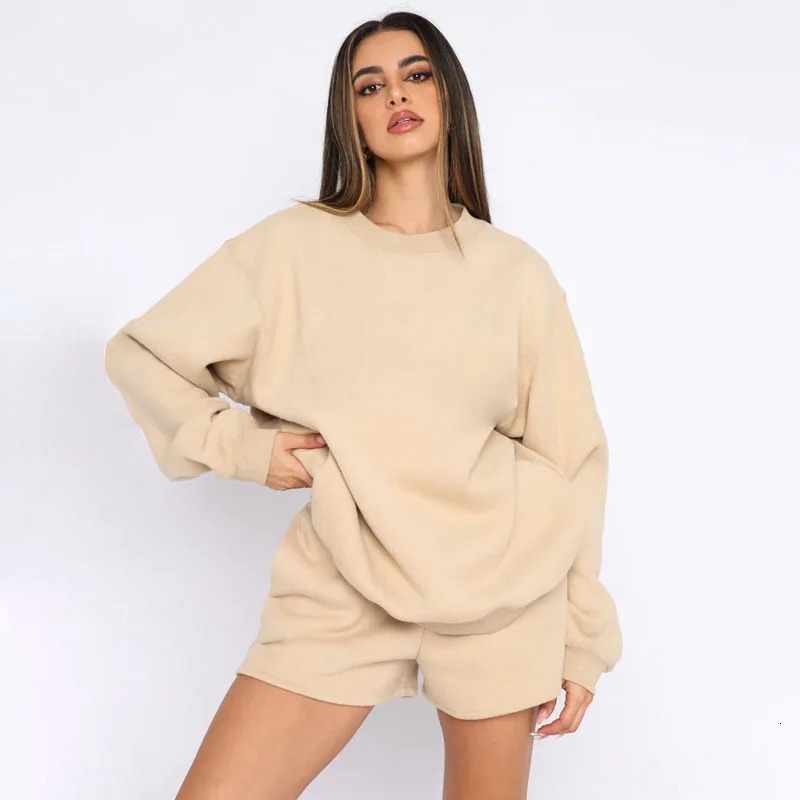 2025 Spring Autumn Womens Tracksuit Female Casual Loose Oneck Sweatshirt Ladys Solid Color Shorts 2 Piece Outfit Set 241209