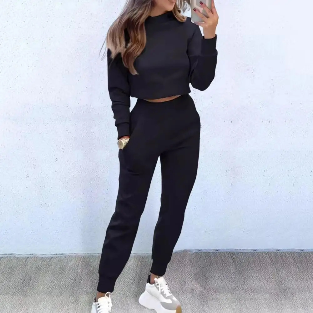 Women Cropped Top Set Womens High Collar Sweatshirt Sweatpants for Autumn Slim Fit Sport Outfit with Long Sleeves Elastic 241209