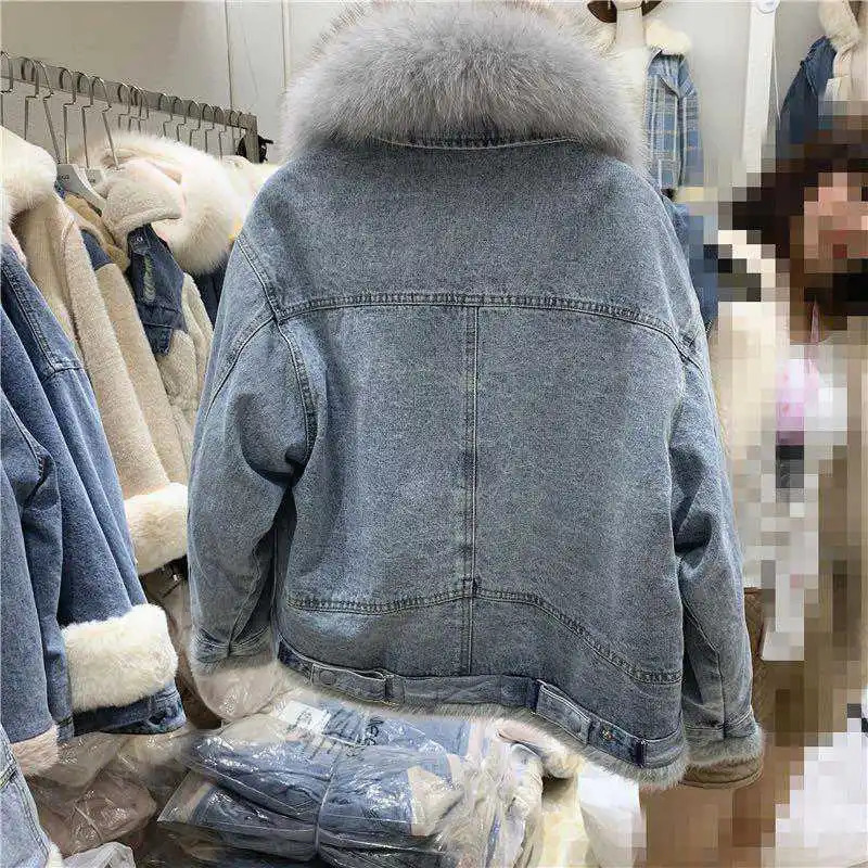 Winter Denim Jacket Womens Cotton Coat Artificial Fur Collar Loose Plus Cashmere Wool Warm Coat Womens Jacket Trend 241210