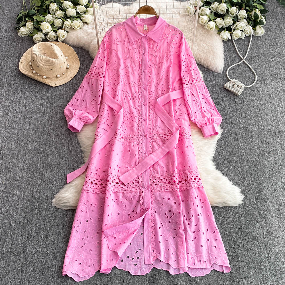 Casual Dresses 2025 Spring Holiday Beach Hollow Out Cotton Dress Women's Long Sleeve Lapel Embroidery Flower Belt Lace Up Party Long Vestidos