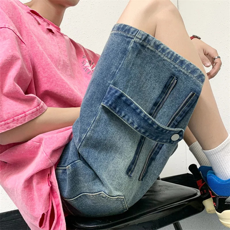 Mens patches oversized jeans streetwear Harajuku denim shorts hip-hop retro blue summer casual loose shorts 241213