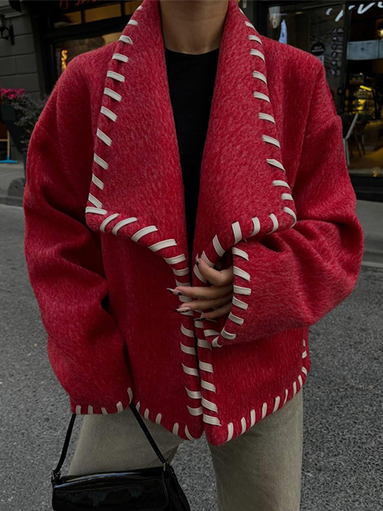 Vintage Large Collar Patchwork Short Coat Women Loose Solid Lapel Button Woolen Coats Female Autumn Chic Elegant Street Outwear