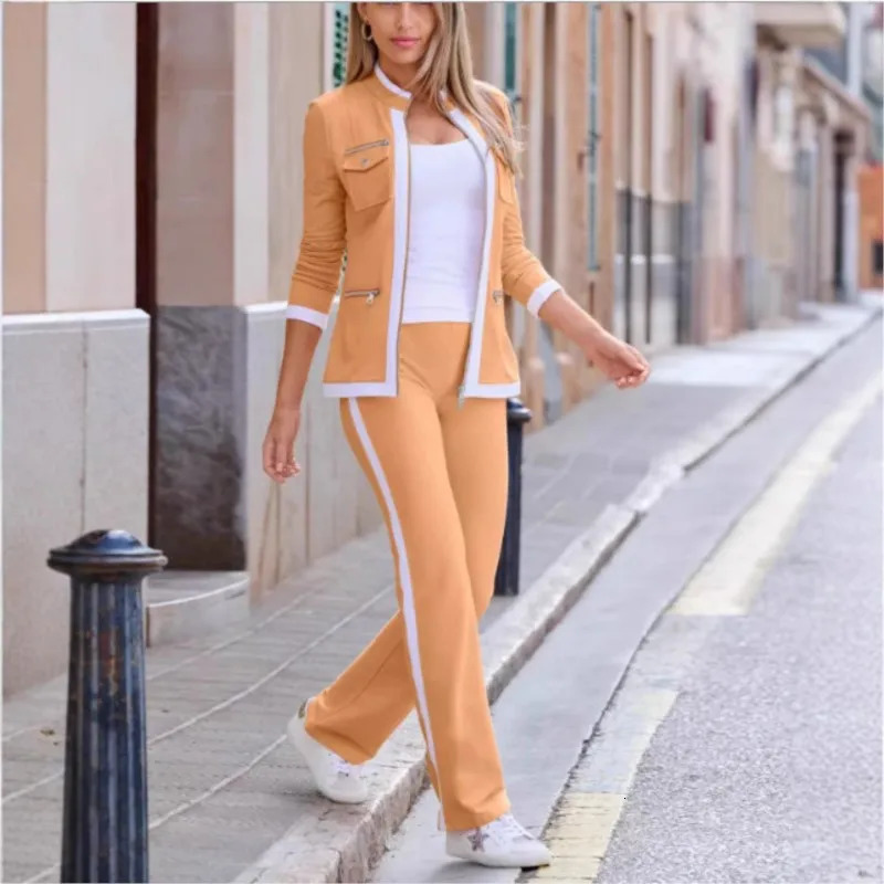 Autumn Fashion Two Pice Set Color Blocking Zipper Elegant Office Pencil Knitted Suits Women Casual Bodycon Pants Set Vestido 241214