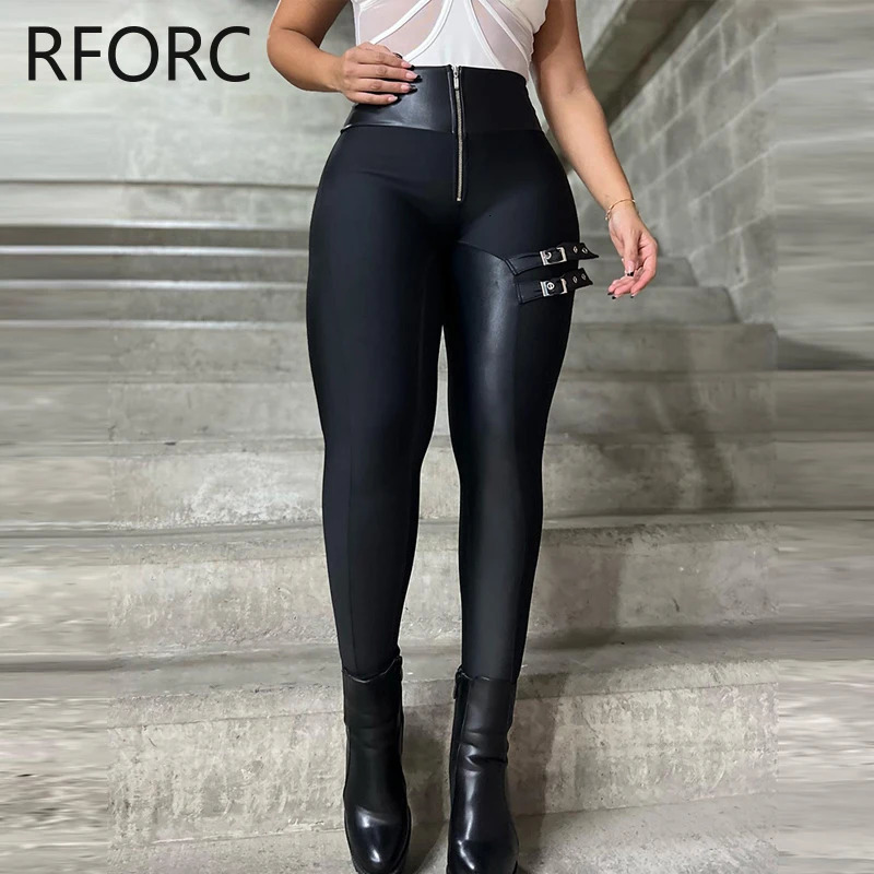 2023 Womens Chic Pu Leather Patchwork High Waist Zipper Bandage Skinny Black Pencil Pants 241212