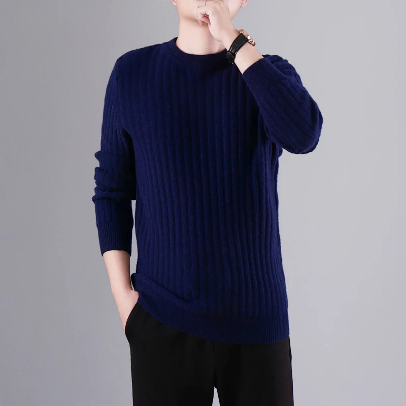 Mens Oneck Jacquard 100% High Count Wool Sweater Loose Plus Size Jumper Autumn Winter Thick Knit Casual Shirt 241209