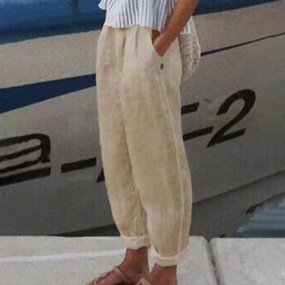 Cotton Flax Women Harem Pants Solid Color Pockets Summer Elastic Waist Baggy Pure Sweatpants Elegant Casual 241212