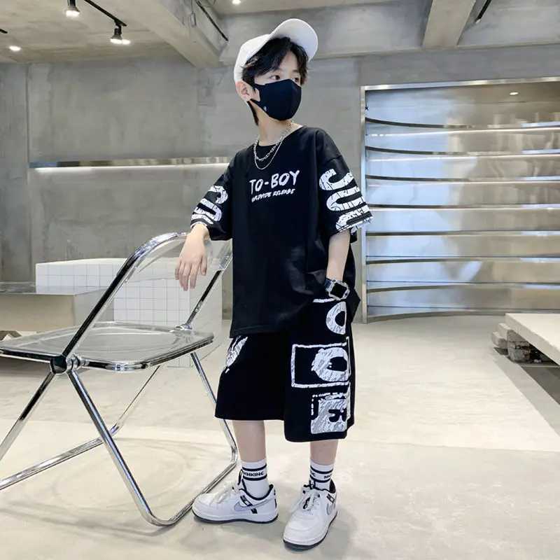 Clothing Sets Boys Summer Trendy Casual Sports 2pcs T-shirts+Pants Suits 3-14 Years Teenage Boys Hip Hop Style Fashion Outfits Clothes Sets H241214