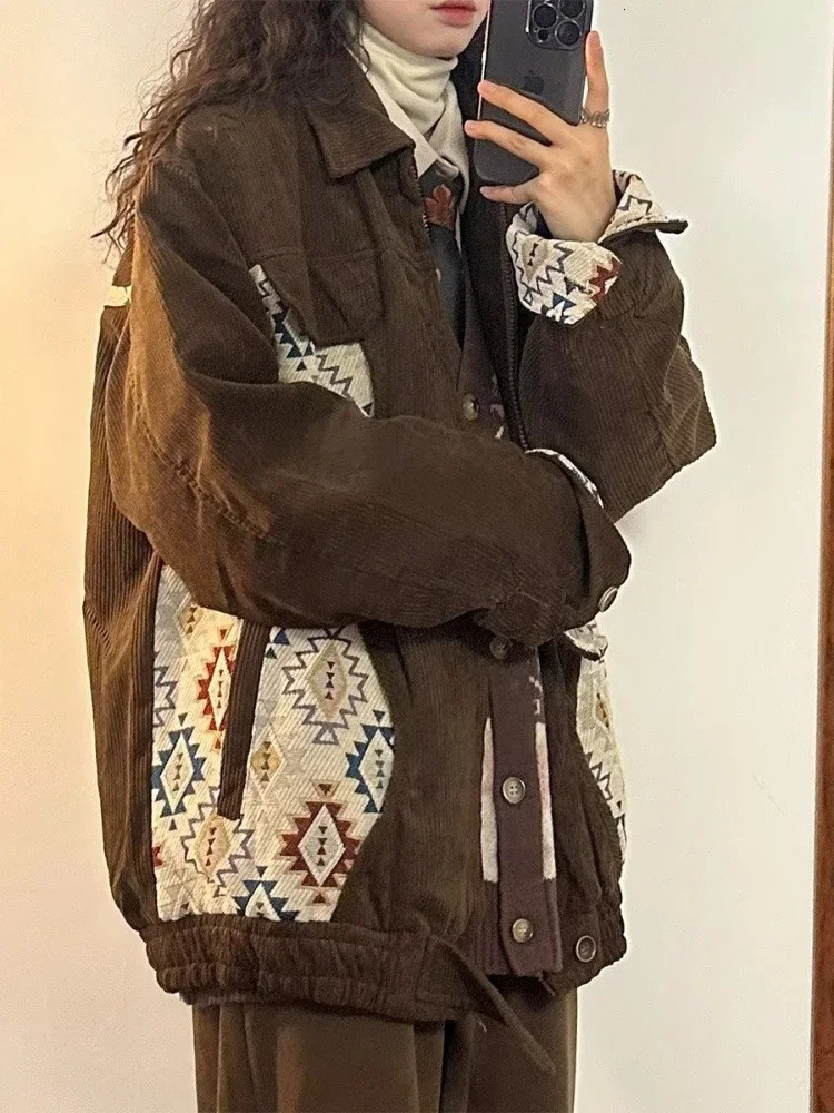 Women Jackets Geometric Contrast Color Leisure Fashion Versatile Retro Japanese Style Chic Streetwear Blocking Coats Warm Daily 241214