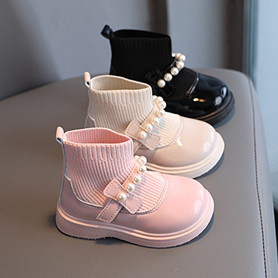 Baby Girls Princess Boots Sock Shoes Children Casual Toddlers Kids Autumn Winter Leather Shoes Happysteps with Pearls Beading Sizes 21-30