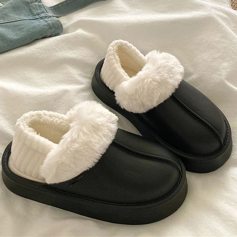 Crestar Winter Women Fuzzy Slippers Outdoor Waterproof Cotton Shoes Warm Fluffy Home Slides Detachable Plush 241214