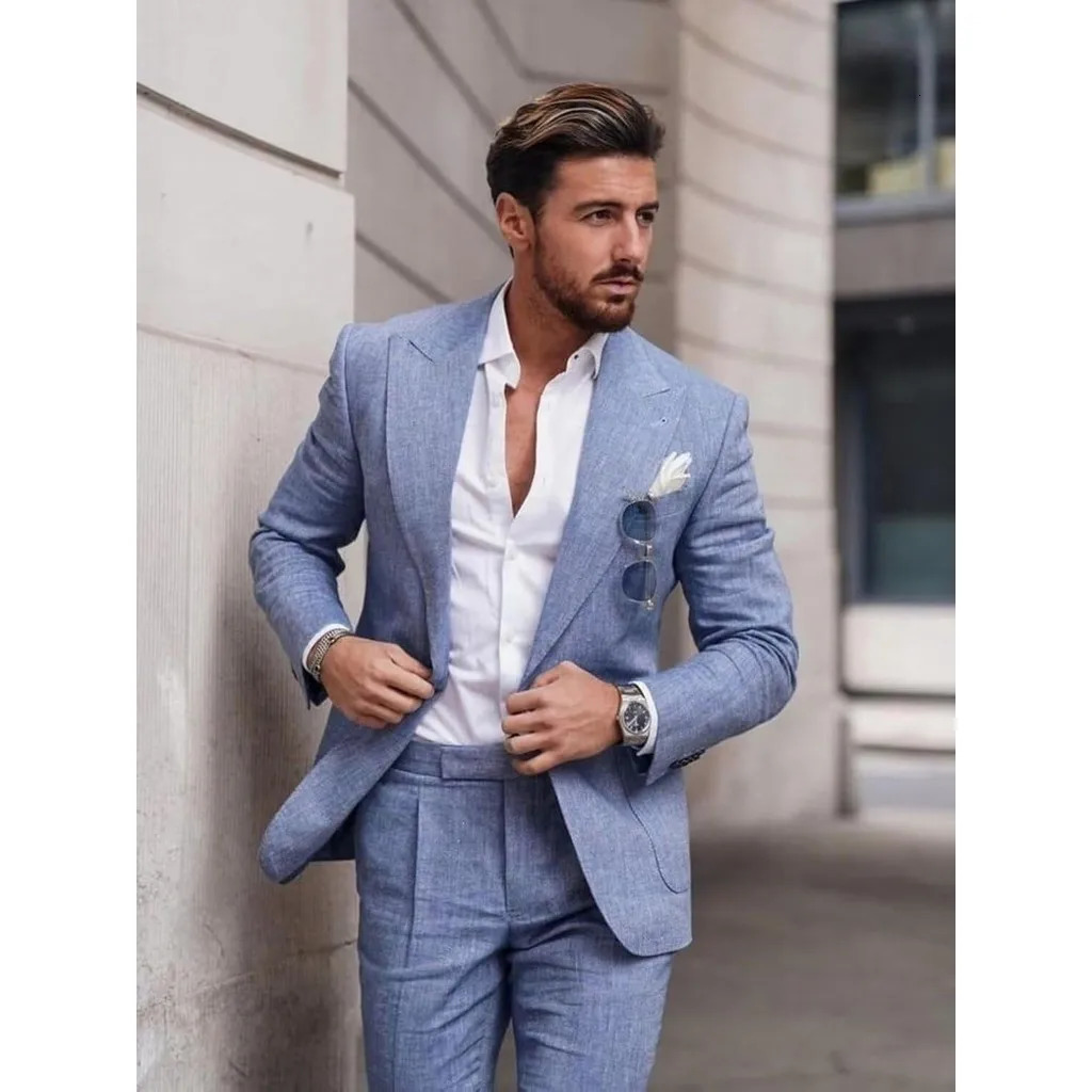 Mens Linen Suit 2 Piece Slim Fit Suit Summer Beach Wedding Suit Groosmen Prom Tuxedo Linen Blazer Pants Set 241214