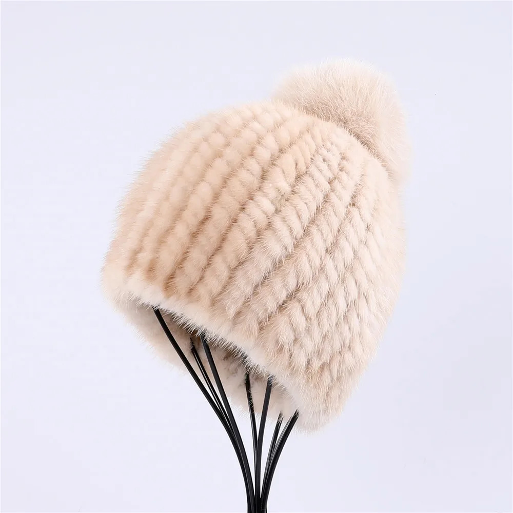 100% real mink fur hat women winter knitted beanie Russian Girls cap with fox fur pom poms thick female cap Elastic 241214