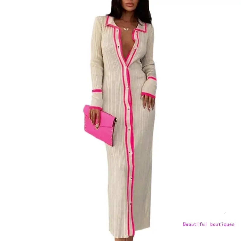 Ribbed Knitted Womens Long Open Skirt Vneck Sleeve Button Down Jacket 241212