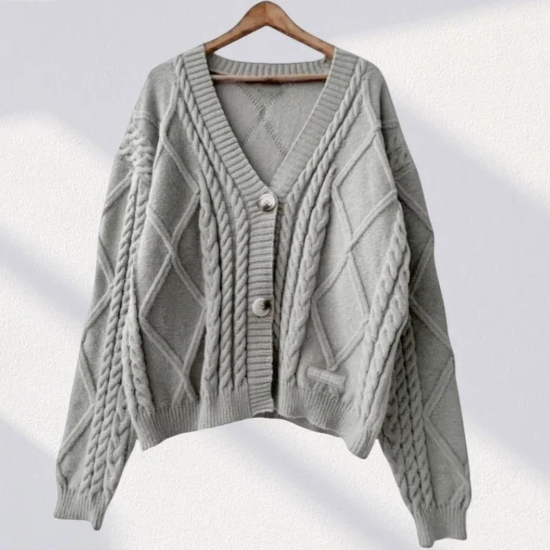 Winter Keep Warm Sweater Women Fashion Solid Casual Tops Female Autumn Knitted V-neck Long Sleeve Grey Ttpd Cardigans Women 241214