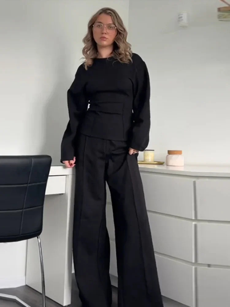Elegant Solid Top Pants Sets Women Two Piece Sets O-Neck Long Sleeve Pullover Wide Leg Trousers Set Casual Office Outfit 241214