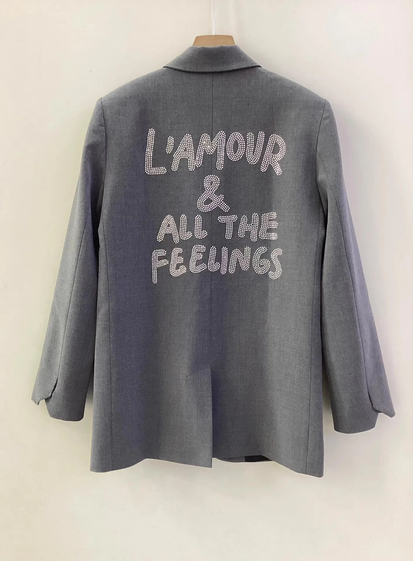 embellished Rhinestone Blazer women grey button fastening pockets long sleeve autumn winter jacket 241209