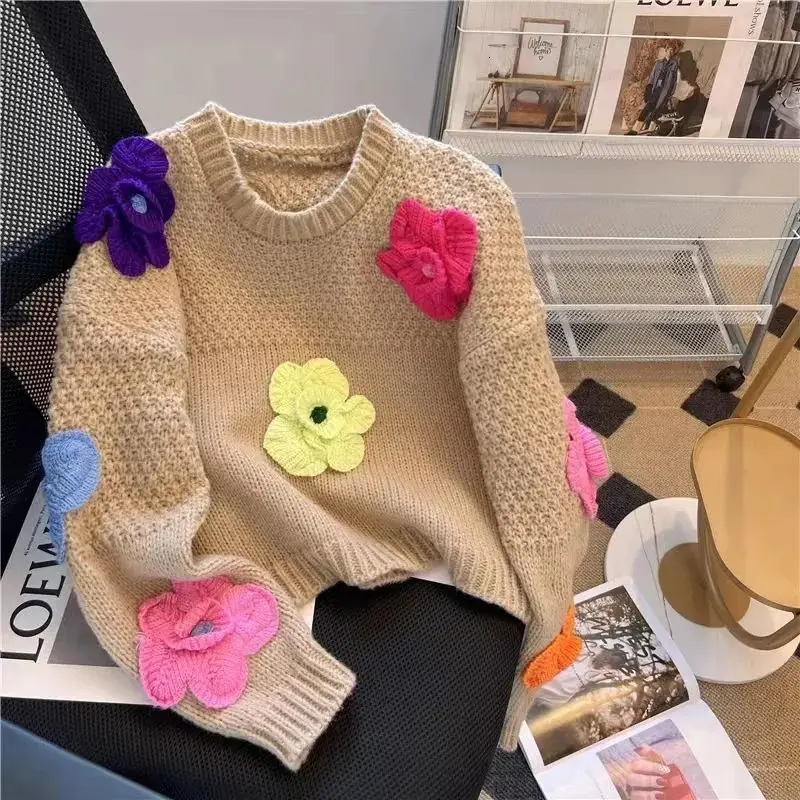 OMCHION South Korea Sweet Fashion Casual Lazy Style Dopamine 3D Floral Knitted 2024 Loose Sweater for Women 241211