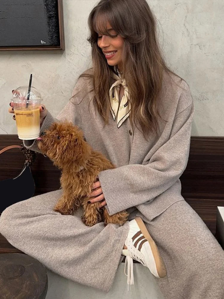 Elegant Knitted Cardigans Pant Sets Women Vneck Single Breasted Pocket Sweater Straight Long Trousers Suit 2 Pieces Lady Outfit 241209