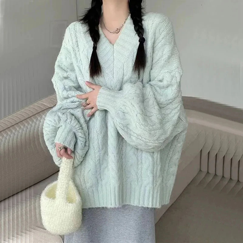Autumn and Winter Womens Sweater Harajuku Large Knitted Lanhua Korean Long Sleeve Vneck Pre made Solid Loose Jumper 241211