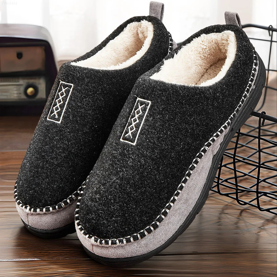 Mens House Slippers Sewing Thread Contrasting Color Fuzzy Warm Comfortable Memory Foam Indoor Shoes Winter Casual 241214