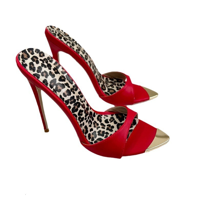 High Heeled For Socialites, 12Cm In Length, Pointed Thin Heels A Red Herringbone Pattern. Cool Slippers With Exposed Toes And High-Heeled Sandals