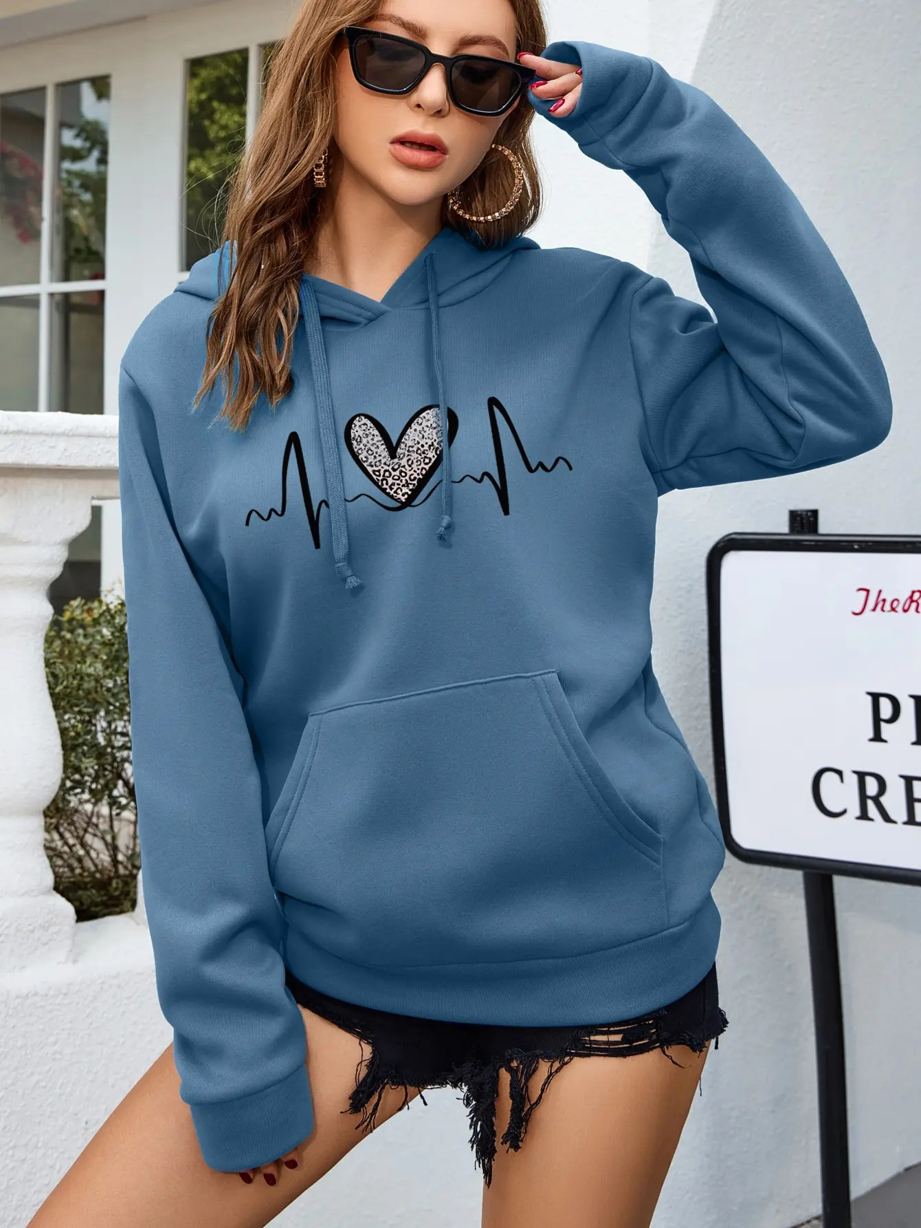 Fluctuating Leopard Heart Electrocardiogram Pattern Womens Hoodie Fashion S-Xxl Hoodie Autumn Pocket Street Casual Top 241214