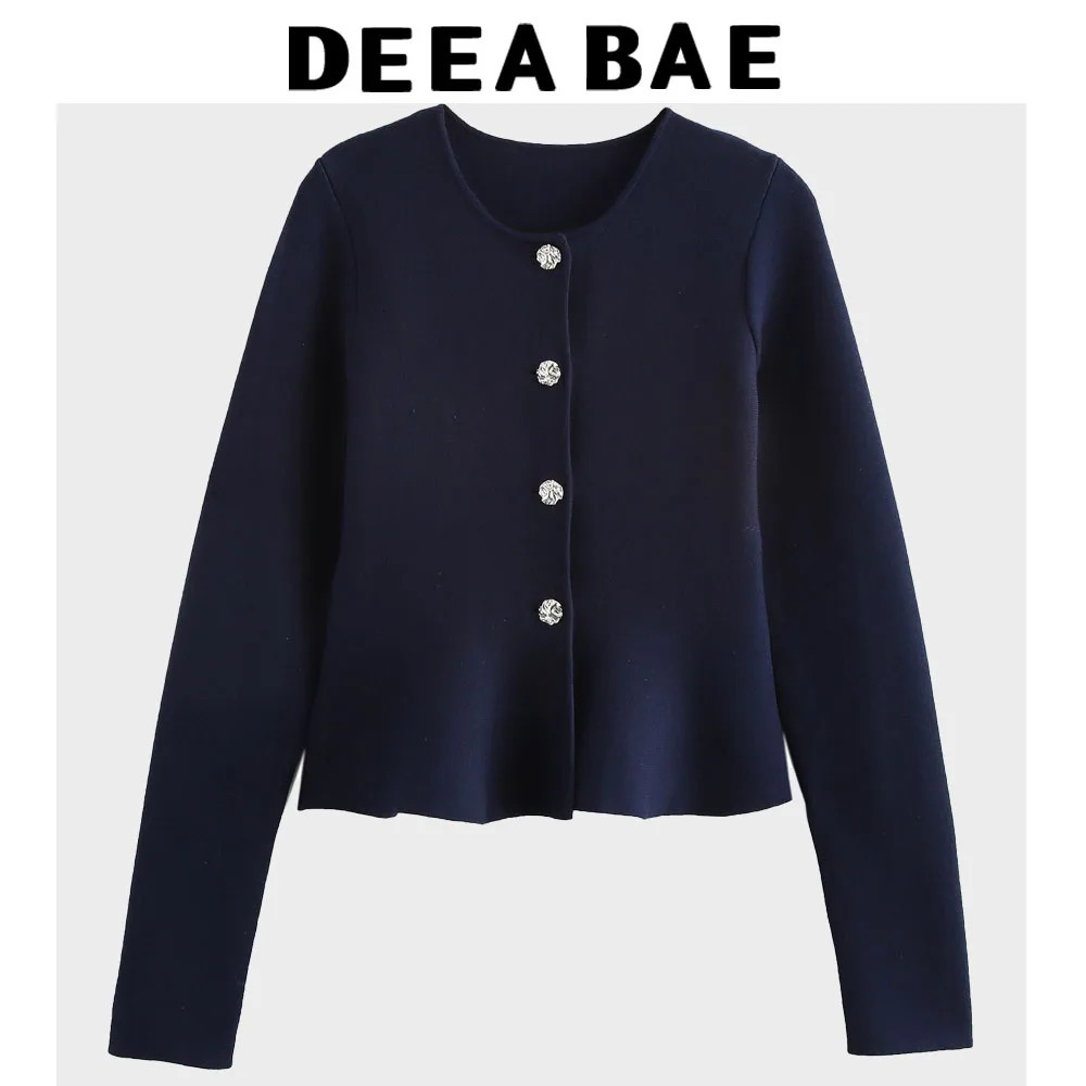 DEEABAE Autumn Womens Clothes High-end Slim Fit Long Sleeved Flat Needle Round Neck Knit Cardigan Outerwear 241214